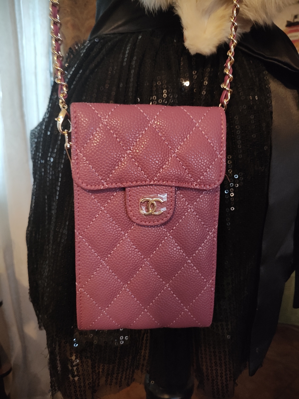 Diamond Quilted Novelty Crossbody Phone Pouch with Chain